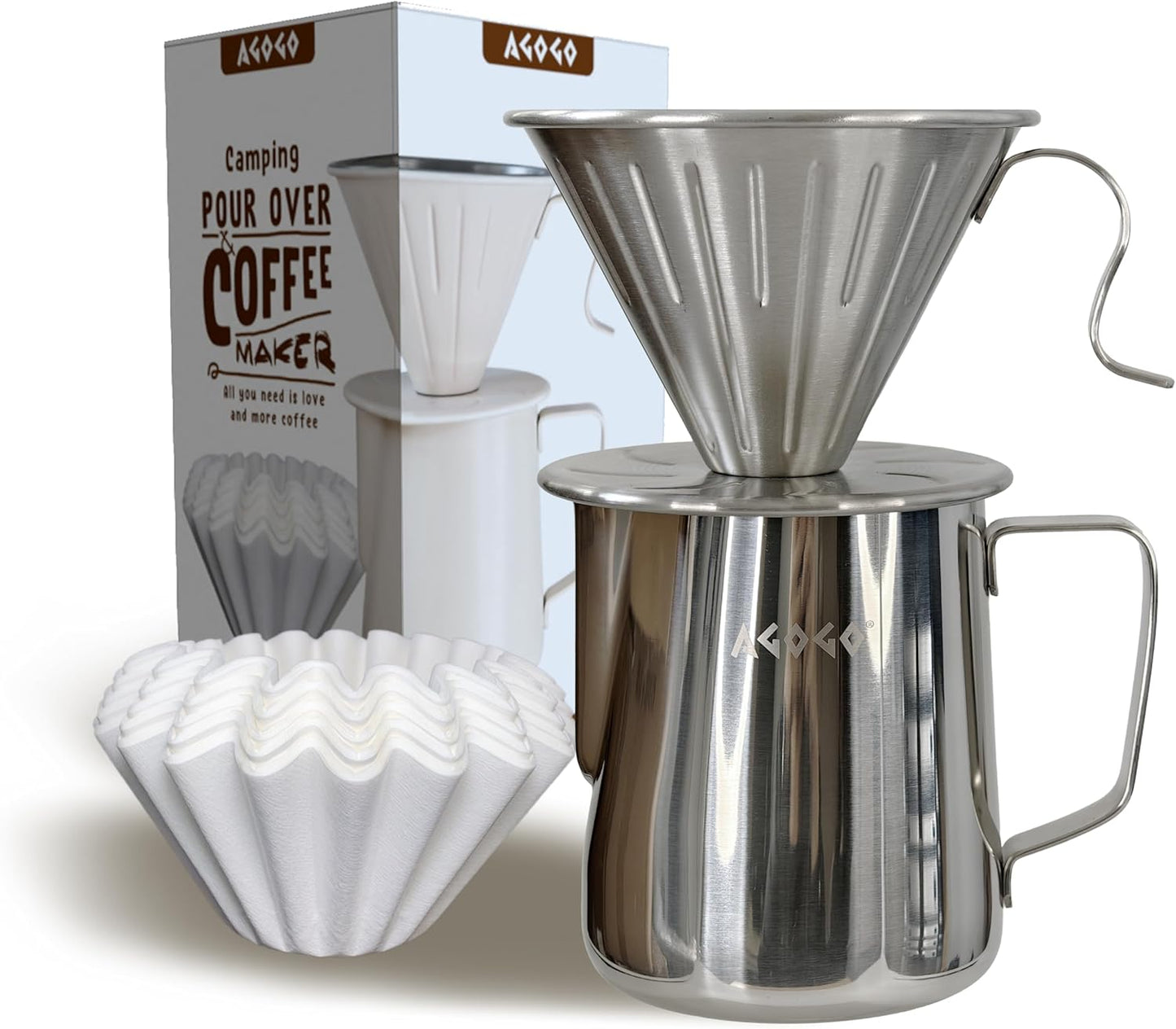 AGOGO Camping Pour Over Coffeemaker Set with Paper Filter Stainless Steel (Silvery, 600ml)