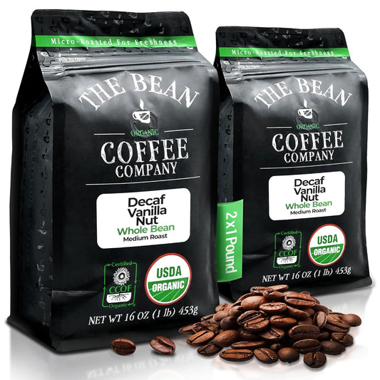 The Bean Organic Coffee Company Water Processed DECAF Vanilla Nut, Medium Roast, Whole Bean Coffee, 16-Ounce Bags (Pack of 2)