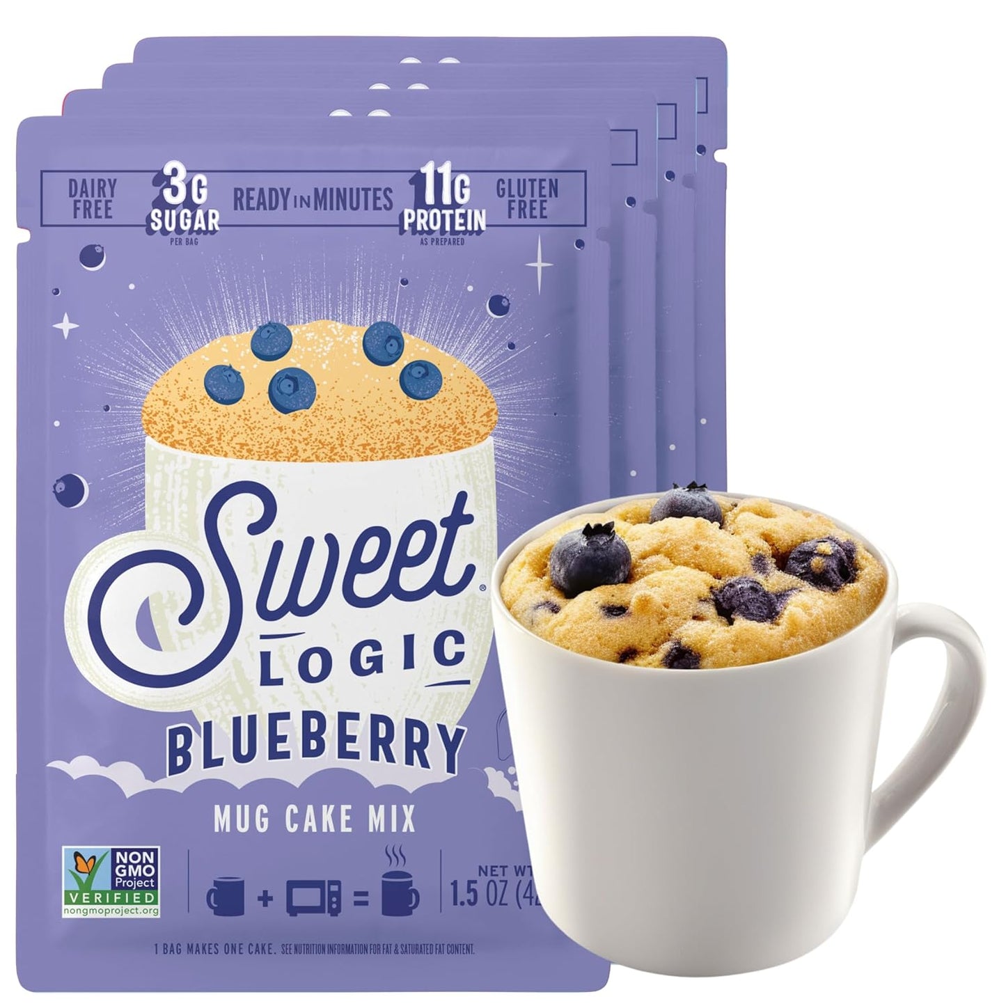 Sweet Logic Keto Dessert Mug Cake Mixes - Blueberry Muffin - Low Sugar - Gluten-Free - Low Carb - Diabetic-Friendly Sweets - Natural Ingredients - High Protein - Delicious Keto Treats (4 Pack)