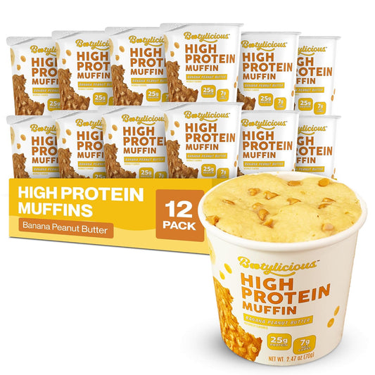 Bootylicious | High-Protein Muffin | 25g Protein, 7g Net Carbs, 2.32-2.75oz Cup, 12-Pack (Banana Peanut Butter)