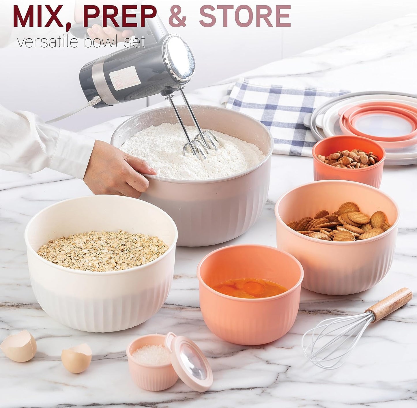 COOK WITH COLOR Prep Bowls with Lids- Wide and Deep Nesting Plastic Small Mixing Bowl Set with Lids, 12 Piece Set - Deep Bowls, Grey/Pink