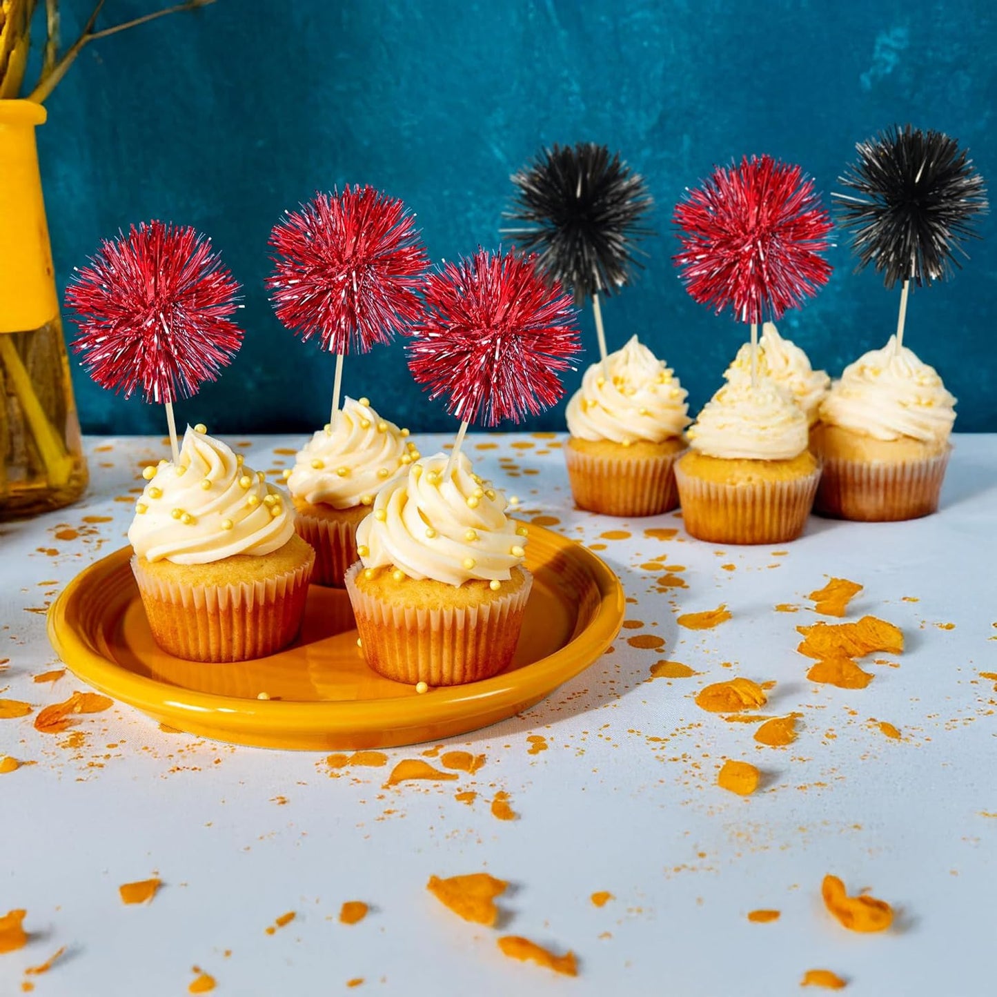 Gyufise 30Pcs Foil Firework Cupcake Toppers Sparkle Tinsel Cake Toppers Tinsel Drink Cake Decoration Cocktail Picks for Birthday Wedding Graduation Party Supplies Black Red
