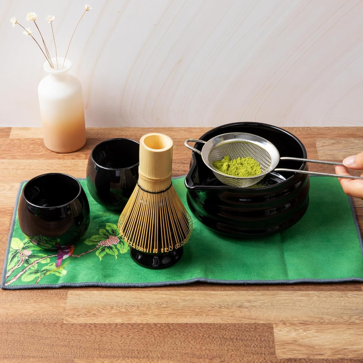 Marce Matcha Whisk Set- Matcha Set includes Matcha Whisk and Bowl (Bowl with Spout), Sifter, Holder and Scoop- The Perfect Bamboo Whisk for Matcha Tea (Black- 7PC)
