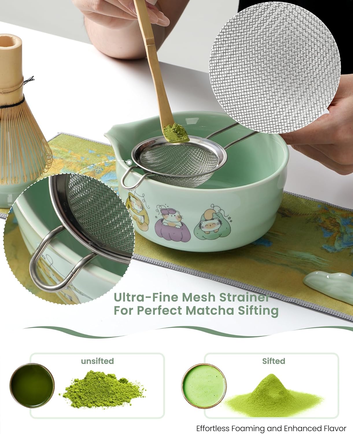 Matcha Whisk Set, 7 Pcs Japanese Matcha Kit with Ceramic Cat Print Bowl-430ml/15oz, Bamboo Whisk & Holder, Scoop, Scoop Rest, Sifter & Tea Towel, Complete Matcha Tea Set for Beginners-Green