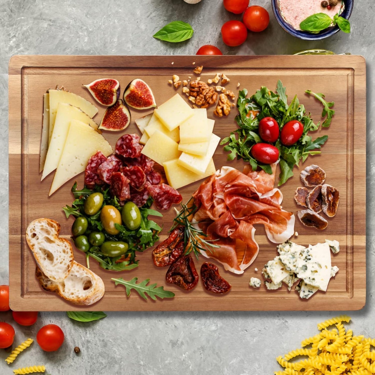 17" Best Solid Acacia Wood Cutting Boards for Kitchen Meat Large Wooden Charcuterie Board Food Non Toxic Hardwood Chopping Boards with Juice Groove Thick Butcher Block Big Bread Serving Cheese Board