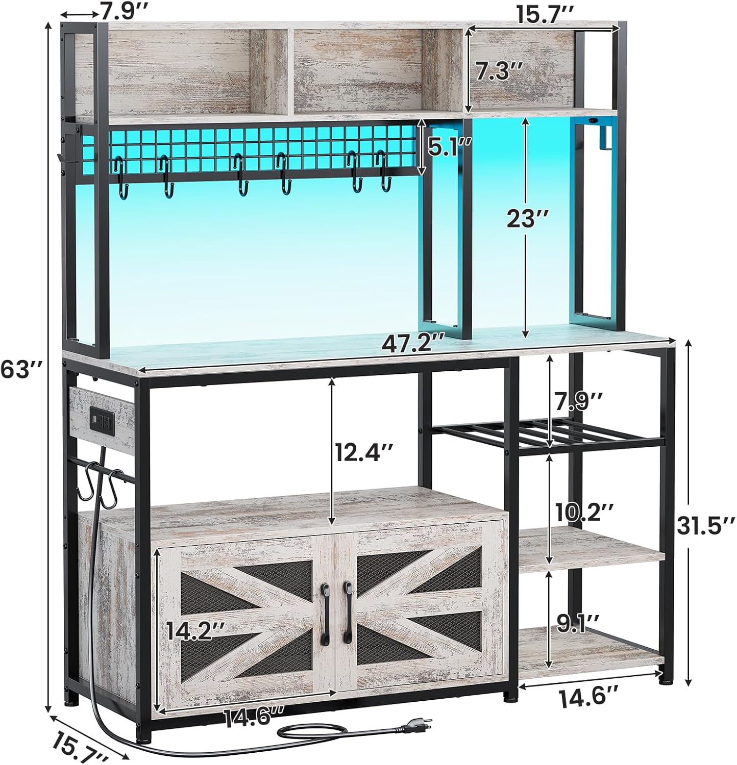 Itaar 47.2 Inch Bakers Rack with Power Outlet, Microwave Stand with Storage, Farmhouse Coffee Bar Cabinet Station with Wine Rack, Iron Grid and 8-S Hooks, Vintage White