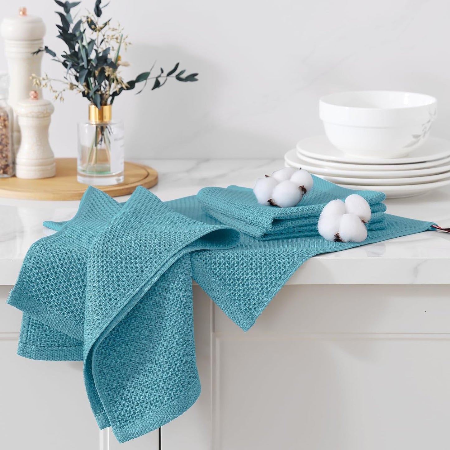 Kitinjoy 100% Cotton Kitchen Dish Cloths (12 X 12 Inches, Lake Blue),6 Pack Waffle Weave Ultra Soft Absorbent Dish Towels for Drying Dishes Quick Drying Kitchen Towels Dish Rags