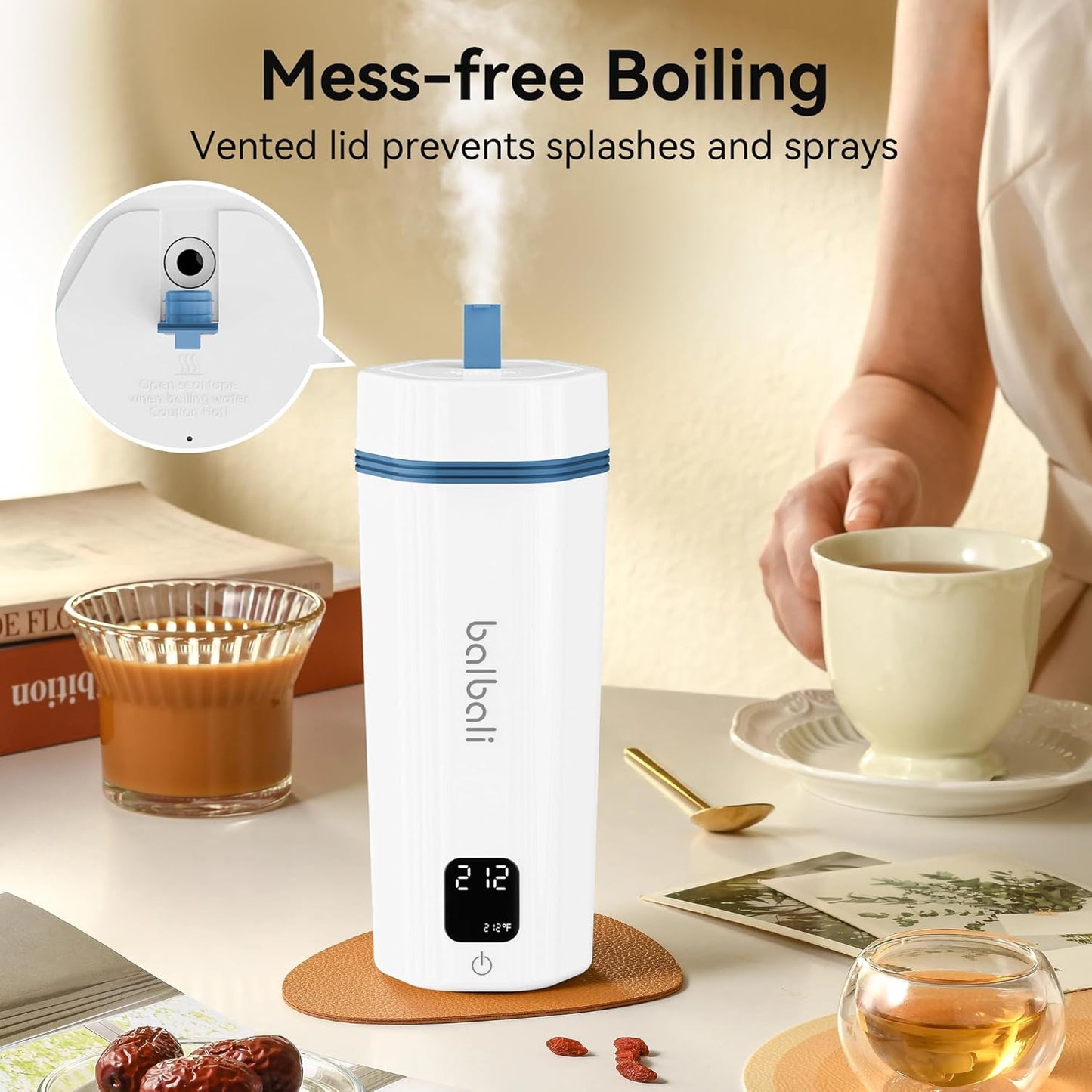 balbali Portable Tea Kettle for Travel 100-240V Dual Voltage - 6 Preset Electric Portable Water Heater for Boiling - Self Heating Cup/Thermos - 12oz Hot Water Boiler/Heater/Warmer - White