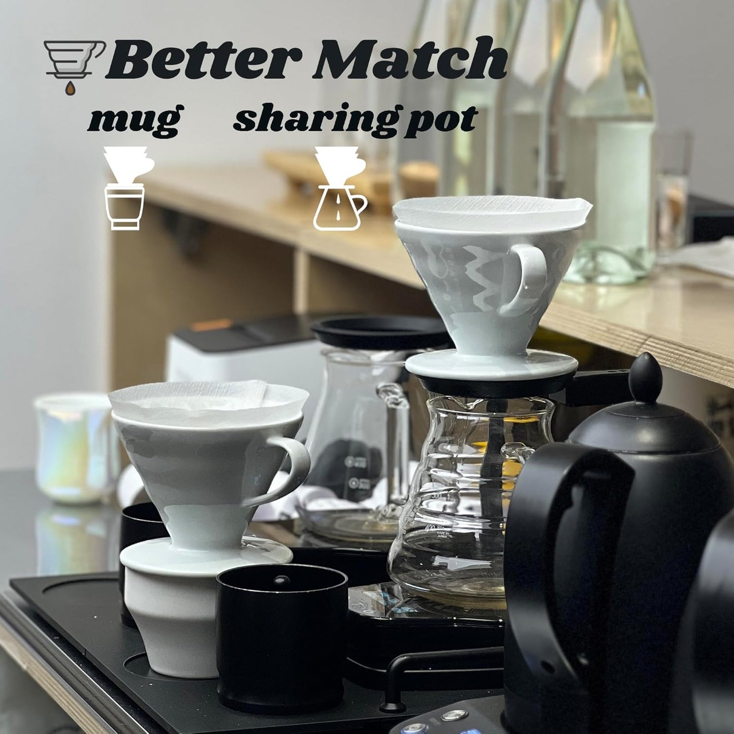 Pour Over Coffee Dripper - Ceramic Pour Over Coffee Maker Cone, Porcelain Coffee Drip, Pour Over Single Cup, Manual Brew Maker for Home, Cafe, Office - 1-4Cup, V60 Size 02 (Black)