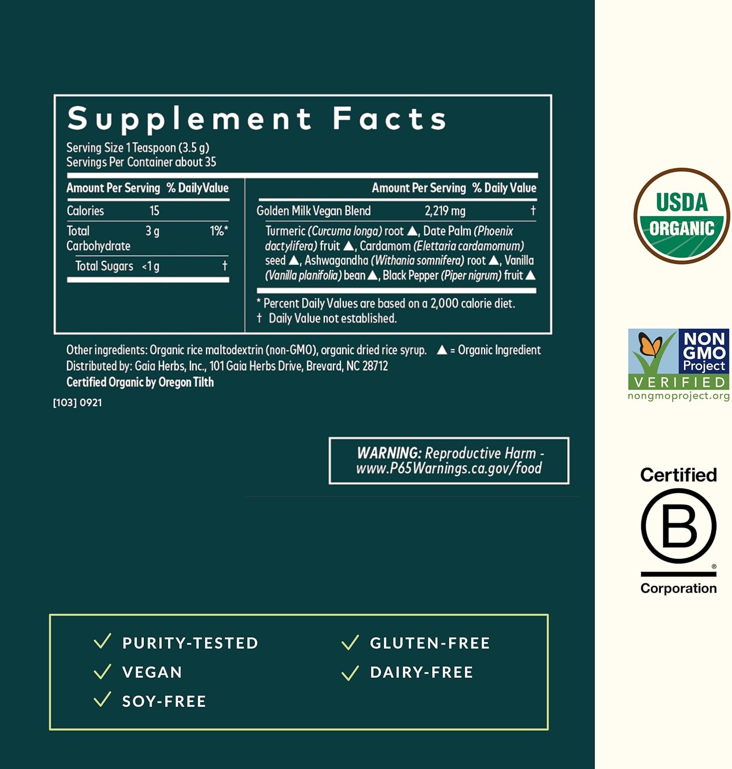 Gaia Herbs Golden Milk Supplement Powder - Made with Organic Turmeric Curcumin, Black Pepper, Ashwagandha, Dates, Cardamom, and Vanilla for an Ayurvedic Cup of Natural Calm - 4.3 Oz (35-Day Supply)