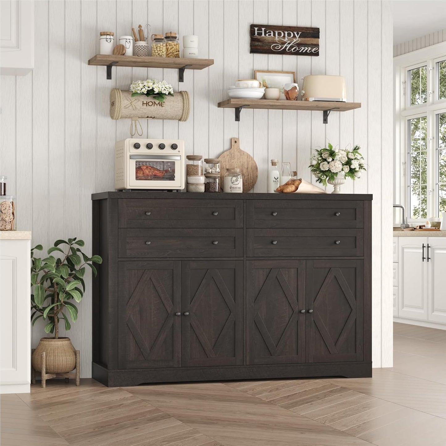 HOSTACK 55" Coffee Bar with 4 Large Drawers, 40" Tall Buffet Cabinet with Storage, Kitchen Storage Cabinet, Modern Farmhouse Sideboard Buffet, Adjustable Shelves for Living Room, Dark Brown
