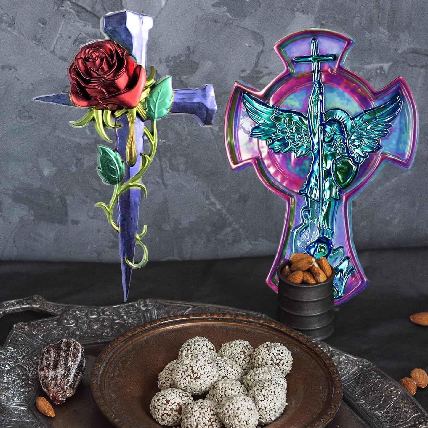 Wehous 2PCS Large Cross Resin Molds, 3D Silicone Resin Molds for Epoxy Casting, Cool Rose Cross Mold Angle Cross Tray Mold for Resin Clay Art Crafts Storage Wall Hanging Decor