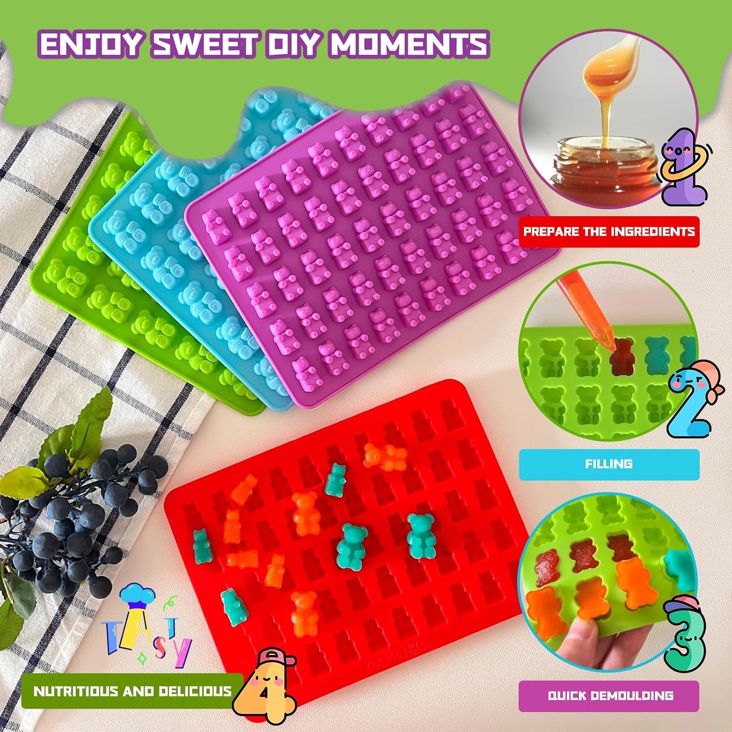 Two Different Sizes Gummy Bear Candy Molds, Set of 4 Non-Stick Silicone Candy Chocolate Gummy Molds with 2 Droppers