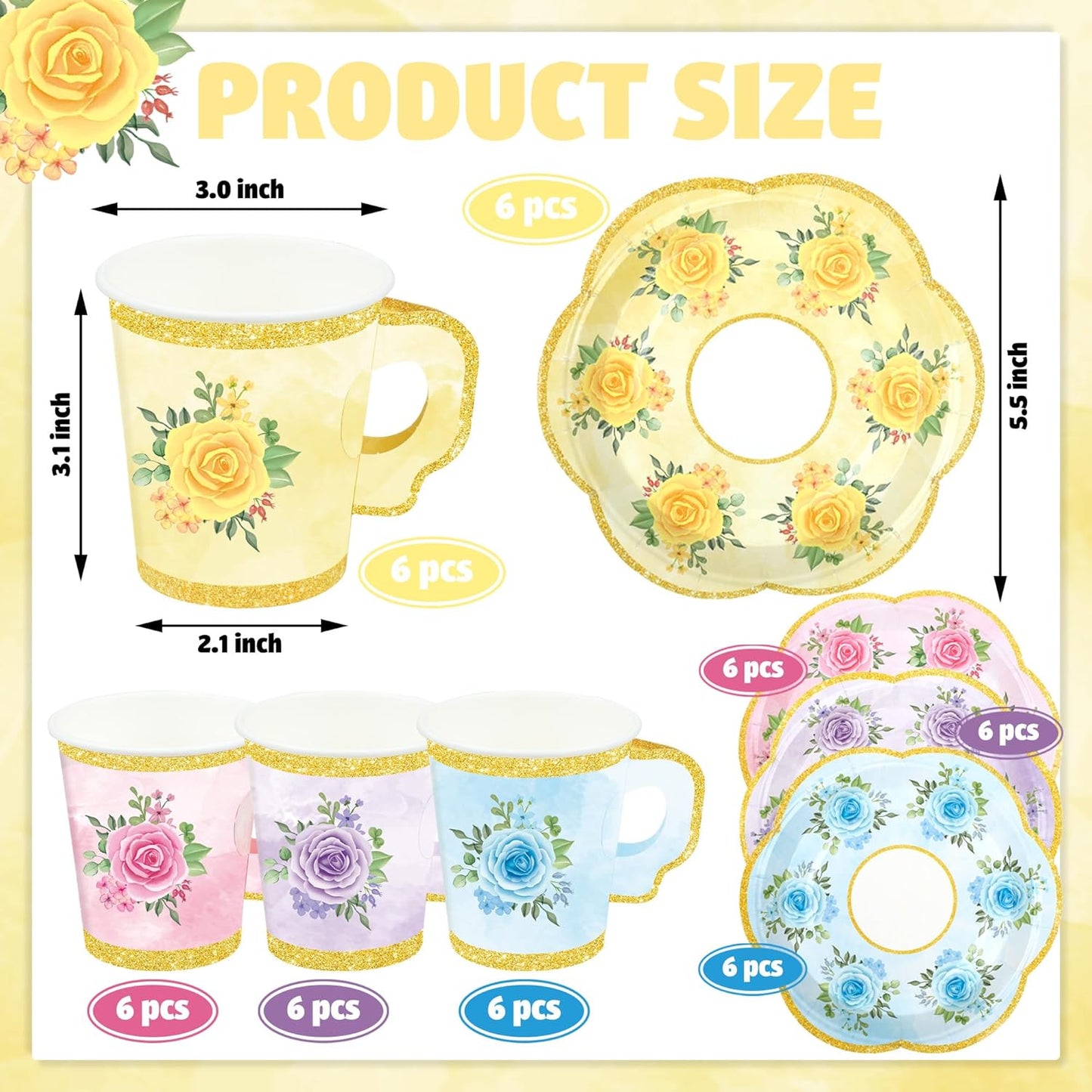 24 Sets Floral Paper Tea Cups and Saucers Disposable Tea Party Supplies Colorful Flower Teacups with Handle and Plates for Hot Cold Drink Wedding Birthday Party Baby Shower