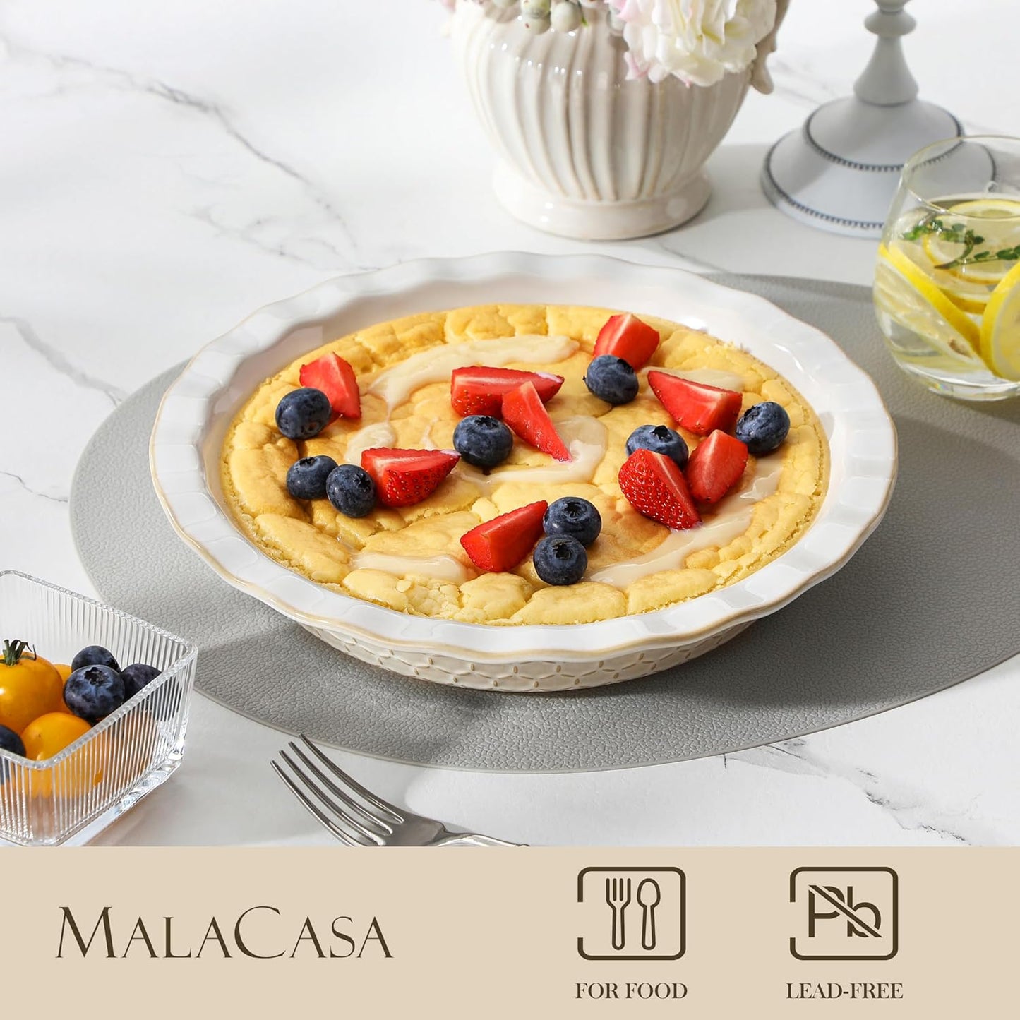 MALACASA Pie Dish for Baking, Stoneware Pie Pan 9 Inch, Embossed Deep Dish Pie Pans, 45 OZ Round Baking Dish Pie Pan, Fluted Dish Pie Plate for Apple Pie, Quiche and Tart, Set of 1, Series LYDIA