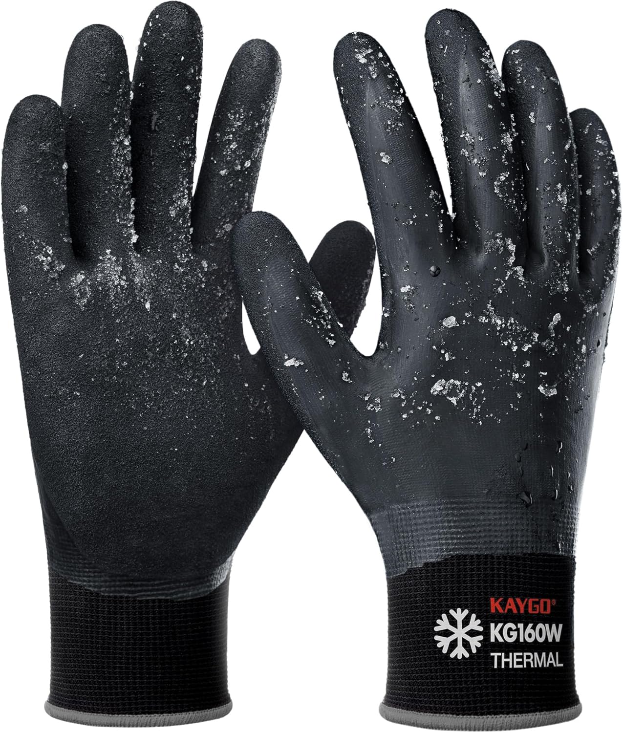 KAYGO Winter Waterproof Work Gloves for Men and Women, 3 Pairs Thermal Insulated Freezer Rubber Coated Gloves,Super Grip,KG160, L, Black
