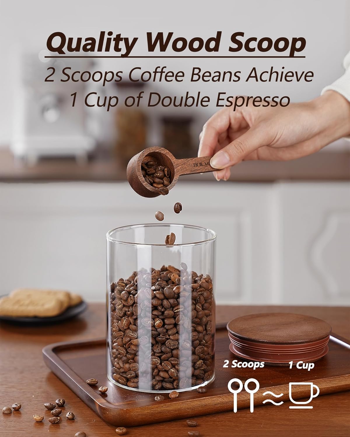 27oz Coffee Canister with Scoop and Wooden Lids, Airtight Coffee Grounds Container Set of 2 for Coffee Bar Organizer, Glass Jar for Coffee Beans Storage