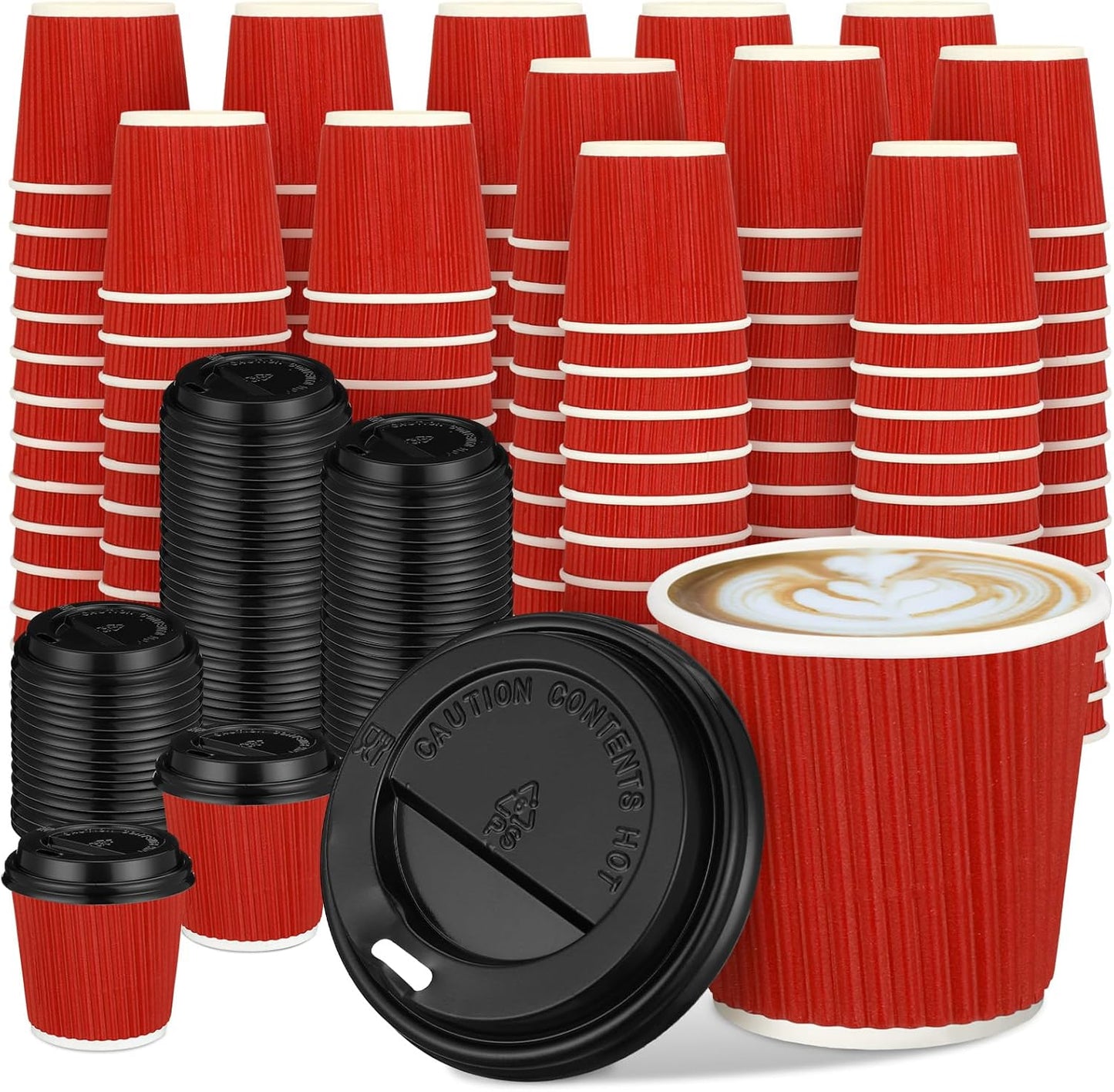 Uiifan 100 Set 4oz Disposable Espresso Cups with Lids Ripple Corrugated Paper Disposable Coffee Insulated Hot Ripple Cups for hot Chocolate, Tea, and Cocoa Drinks(Red)