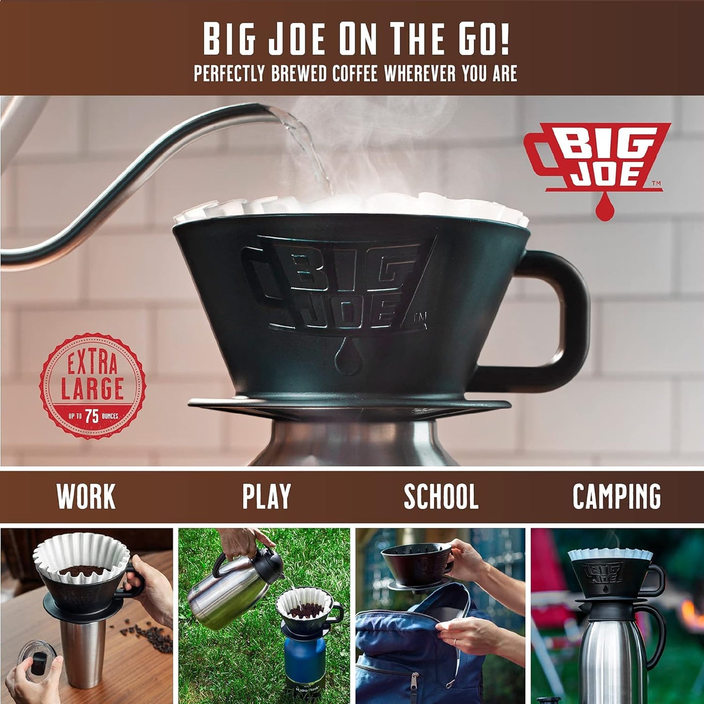 Big Joe® Large Pour Over Coffee Maker w/ 50 Filters, Brews from 12 up to 75 Ounces, Fits Any Drinkware, Dishwasher Safe, Made in USA