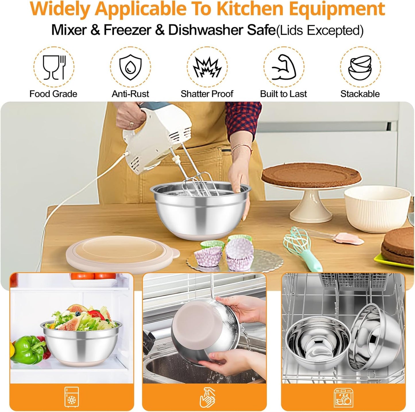 TeamFar Mixing Bowls, 5PCS Stainless Steel Serving Salad Bowls with Lids, For Kitchen Mixing/Baking/Storing/Prepping, Visible & Airtight, Non-Slip Bottom - 4.6/3.5/1.5/1 / 0.7 QT, Khaki