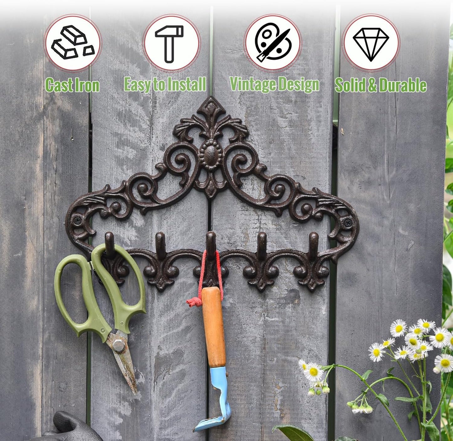 Sungmor Cast Iron Rustic Coat Hook Hanger with 5 Hooks - Practical Iron Storage Organizer/Wall Hooks Hanging Rack - Pretty Pattern Charming Wall Decor for Keys Clothes Hats