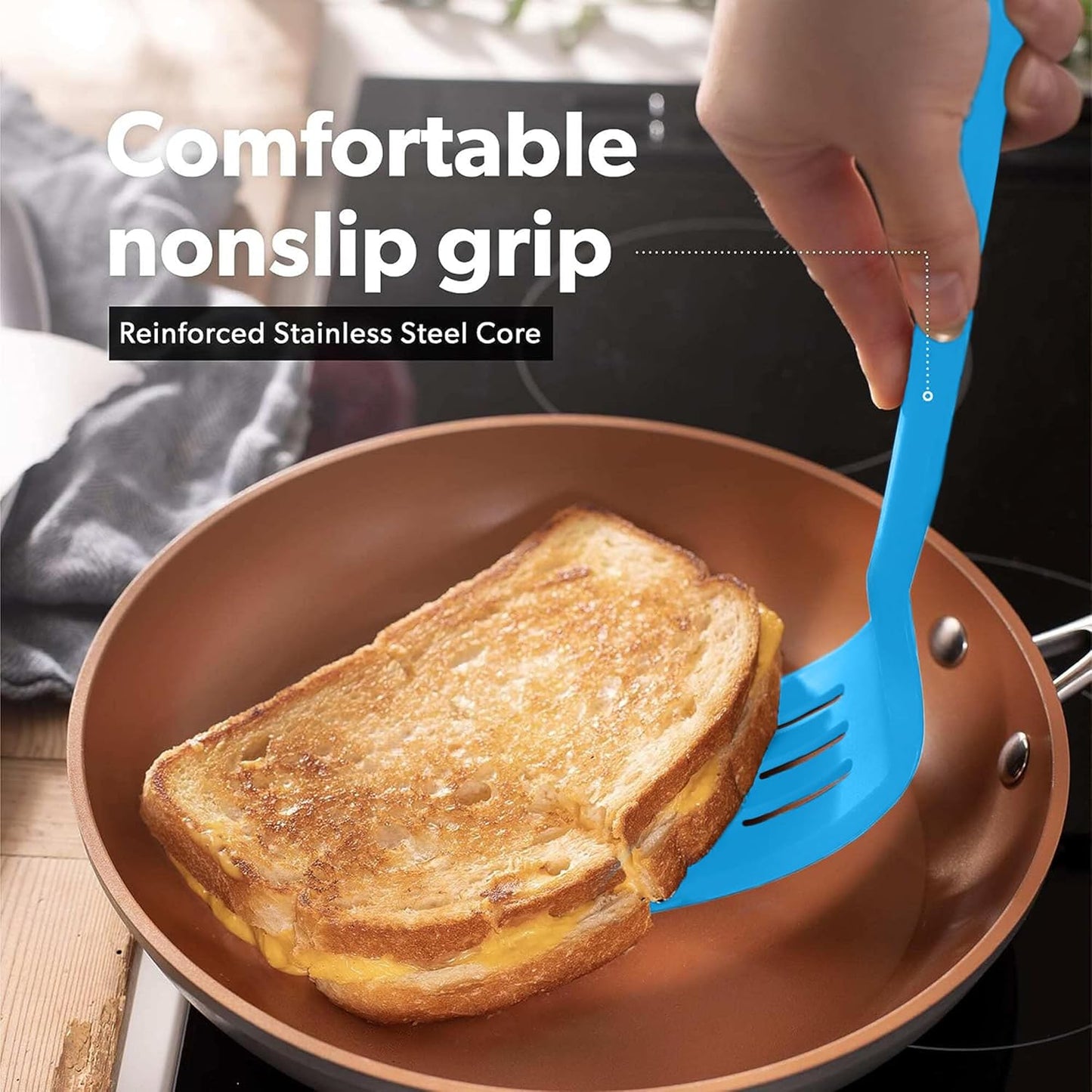 New DI ORO Silicone Turner Spatula Set - Kitchen Spatulas for Nonstick Cookware - Cooking Utensils for Flipping Eggs & Pancakes - 600°F Heat-Resistant BPA Free Turners - Dishwasher Safe (4pc, Blue)