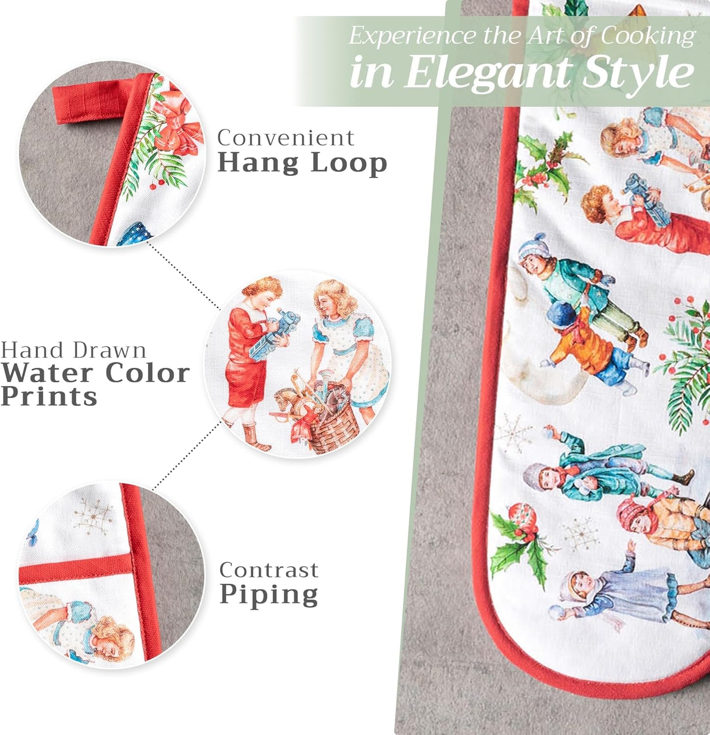 Maison d' Hermine Double Oven Mitts 100% Cotton 7"x35" Double Oven Mitt Heat Resistant BBQ Cooking Gloves with Loop, Baking, Grilling, Home, Kitchen, Handling Hot Pans (Chromo)