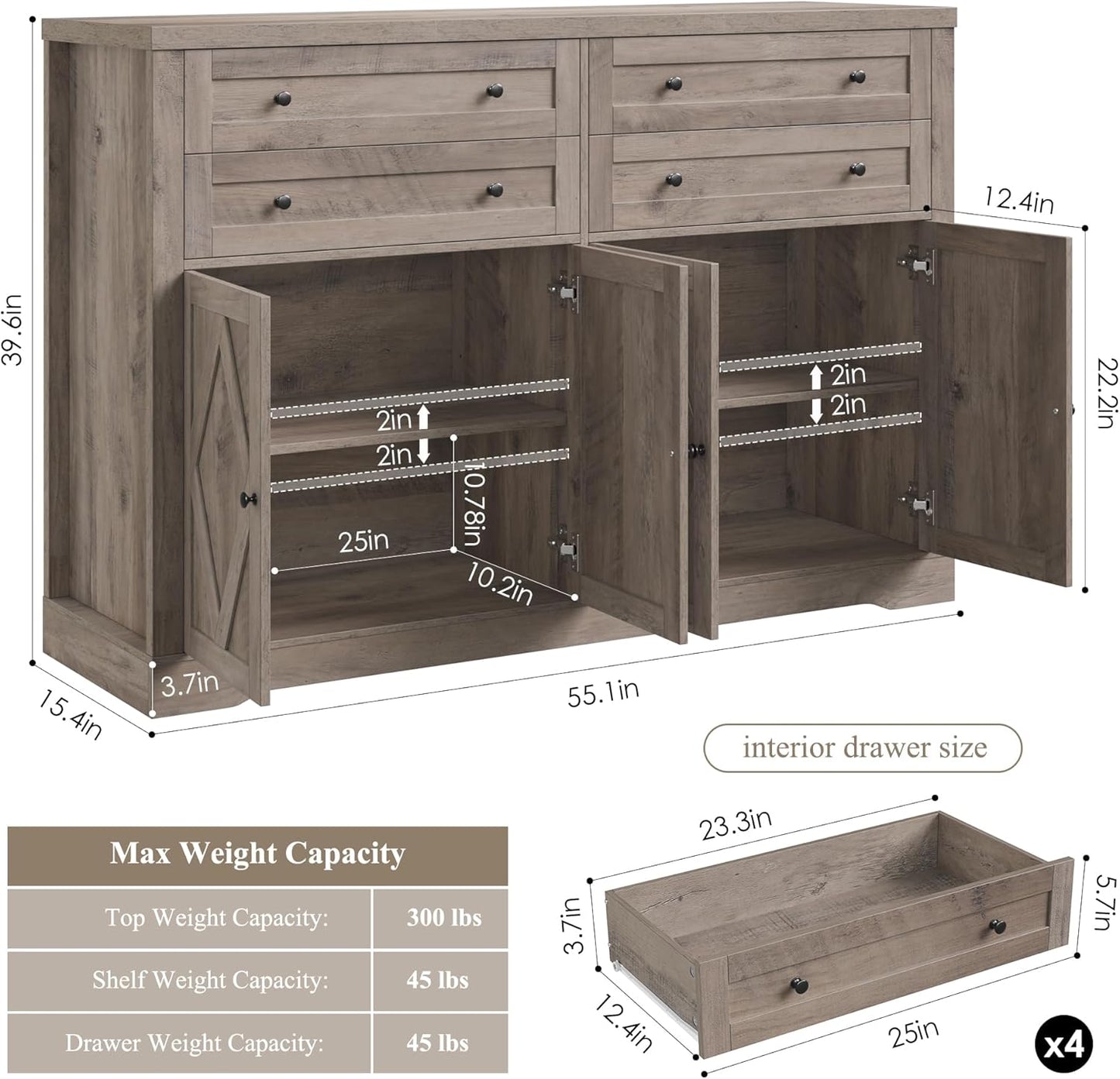 HOSTACK 55" Coffee Bar with 4 Large Drawers, 40" Tall Buffet Cabinet with Storage, Kitchen Storage Cabinet, Modern Farmhouse Sideboard Buffet, Adjustable Shelves for Living Room, Ash Grey