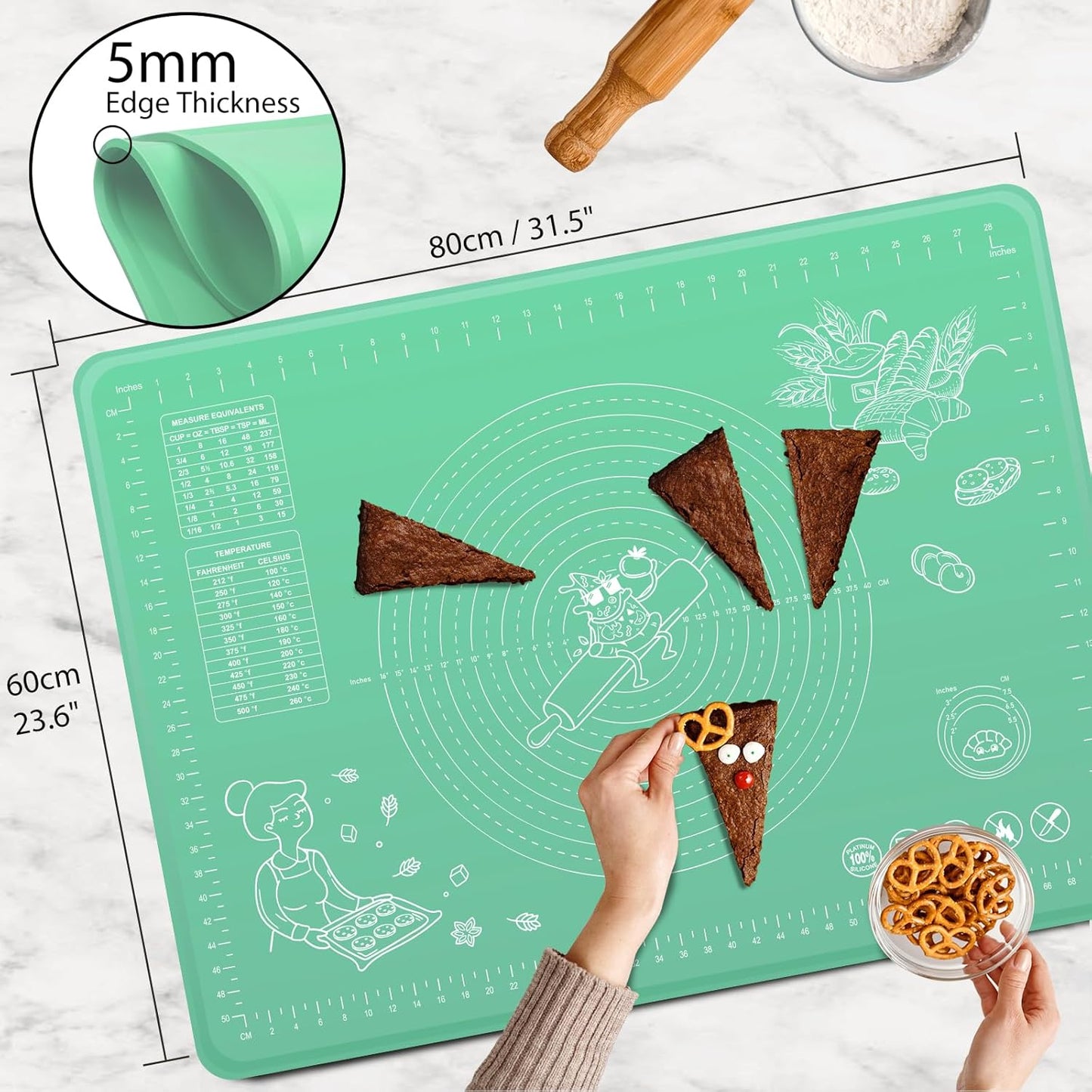 Silicone Pastry Mat 32" x 24" Extra Thick Non Stick Baking Mat with Measurements and Edge Heightening, Food Grade Silicone Rolling Mat for Pastry, Bread, Cookies, Pizza, Fondant, Pasta