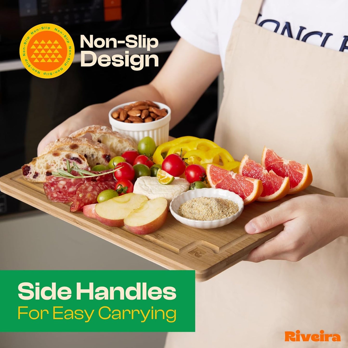 Riveira Brown Bamboo Wood Cutting Board – Gourmet Bamboo Grandeur: 15 x 10 Wooden Cutting Board – Wooden Cutting Boards For Kitchen Decorative – Innovative Juice Grooves Wooden Chopping Board