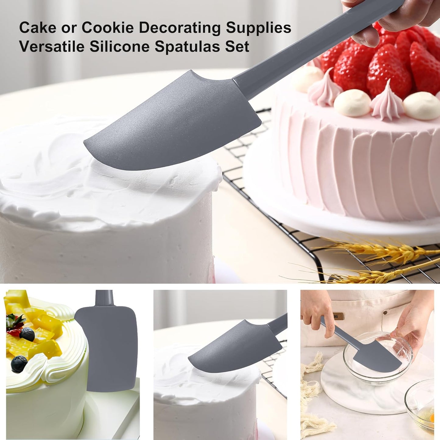Premium Silicone Spatula Set, Flexible Heat Resistant Non-slip Handle Baking Cooking Rubber Spatulas, Grey