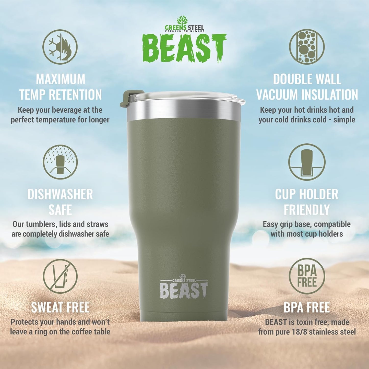 Beast 30 oz Tumbler Stainless Steel Vacuum Insulated Coffee Ice Cup Double Wall Travel Flask (Army Green)