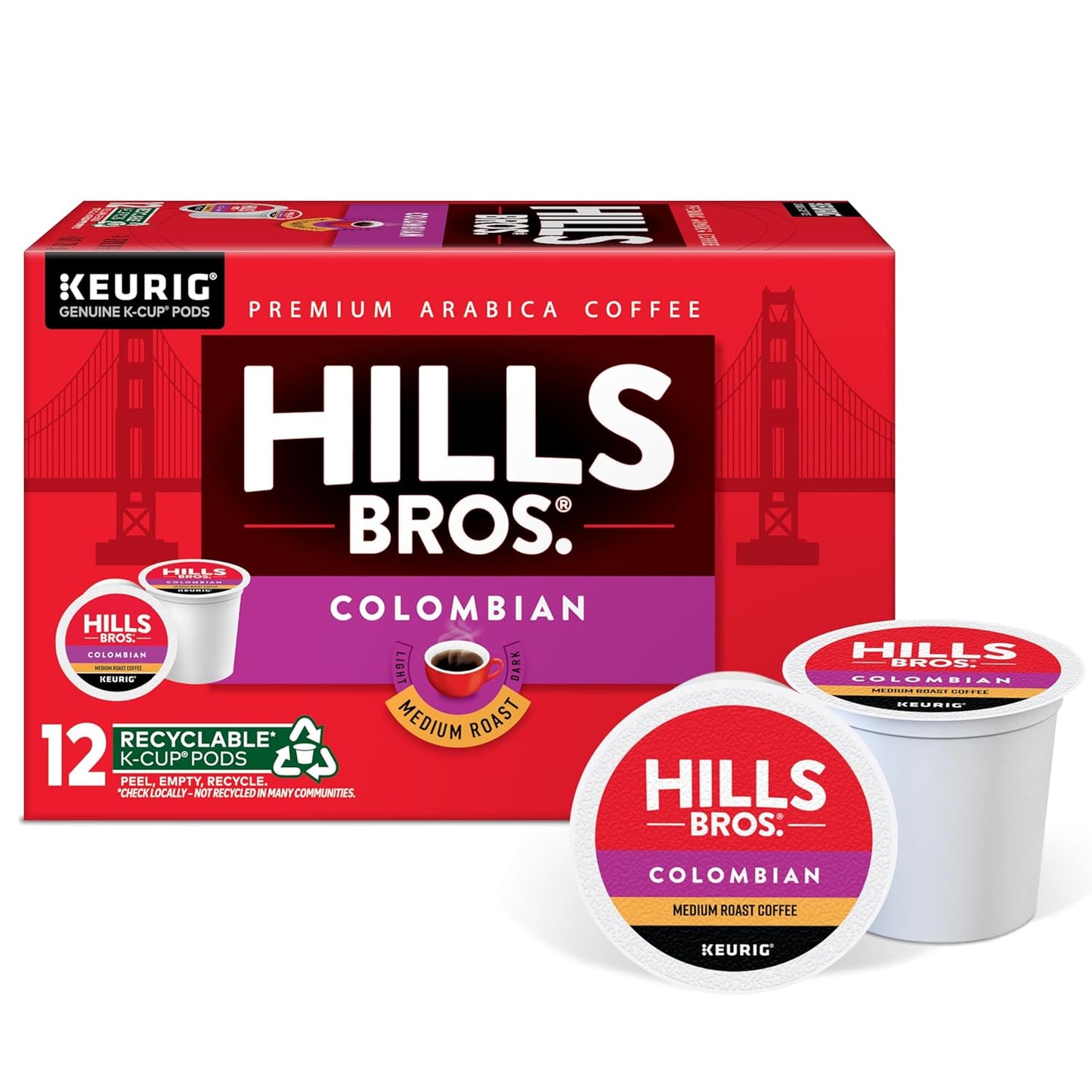 Hills Bros. Colombian Blend Keurig K-Cup Pods for Keurig Brewers – Medium Roast Premium Arabica Blend, Kosher – 1 Pack of 12 Single Serve Pods