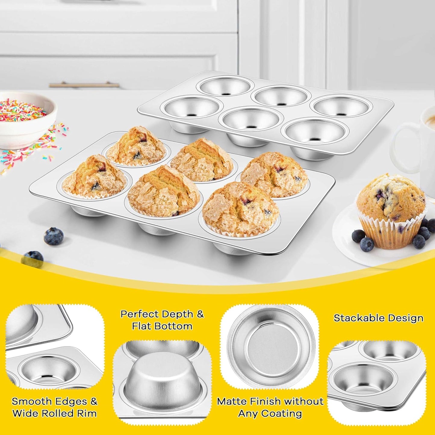 Homikit 1 Pack Muffin Pan, Stainless Steel Cupcake Tin with 6 Cups Regular Size, Thick Metal Egg Bites Bakeware for Oven Baking, Rust Free & Non Toxic, Also Be Snack Tray for Kids, Dishwasher Safe
