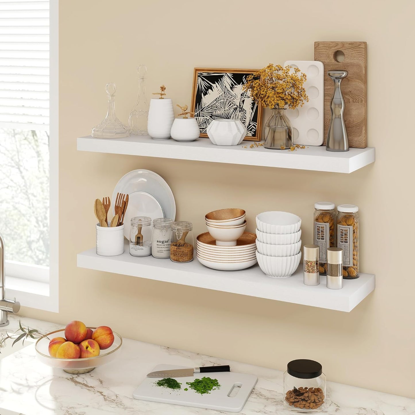 36 Inch Floating Shelves, 9.3" Deep Floating Shelf Wall Mounted, 36" Wall Shelves, Rustic Deep Bookshelf, Large Display Shelves & Storage Shelves for Bedroom, Living Room, White, Set of 2