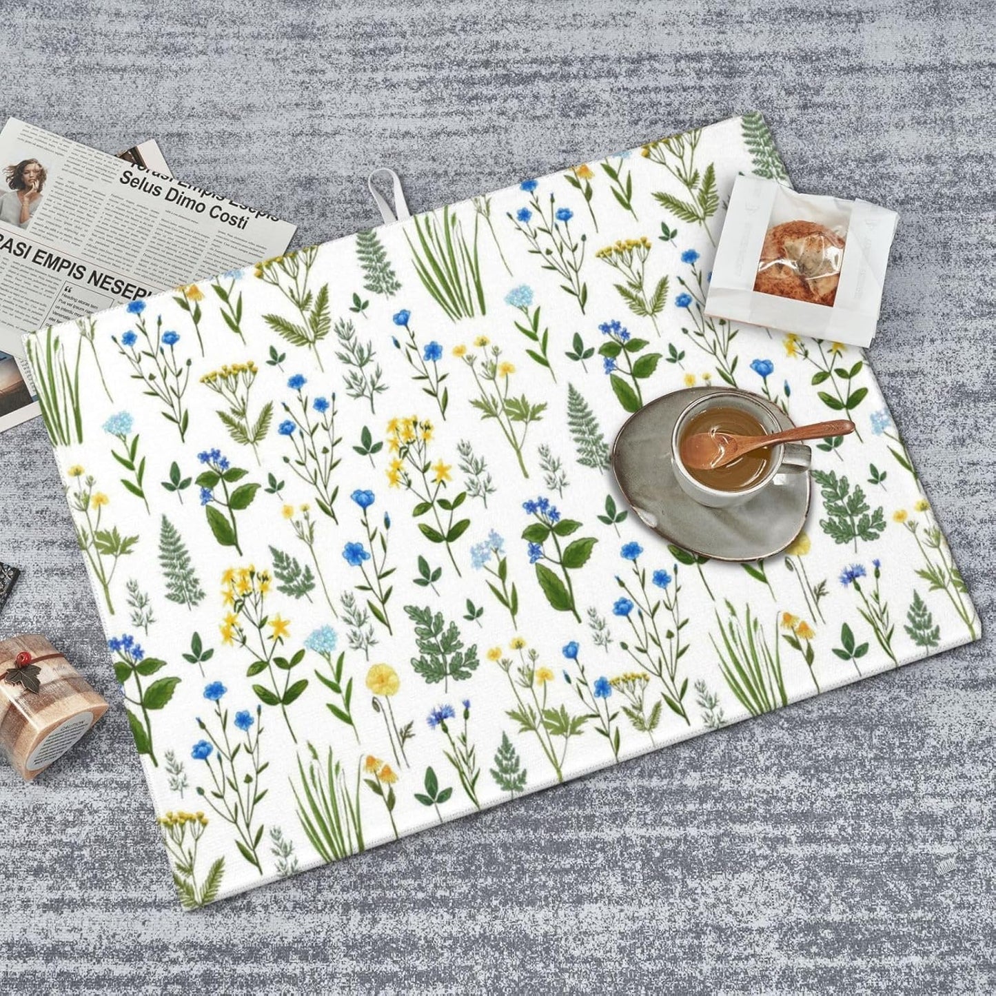 Blue Yellow Wildflower Dish Drying Mats for Kitchen Counter, Vintage Botanic Fern Leaves Floral Kitchen Drainer Pad, 18" x 24" Absorbent Microfiber Washable Reusable Dish Draining Mats, Home Decor