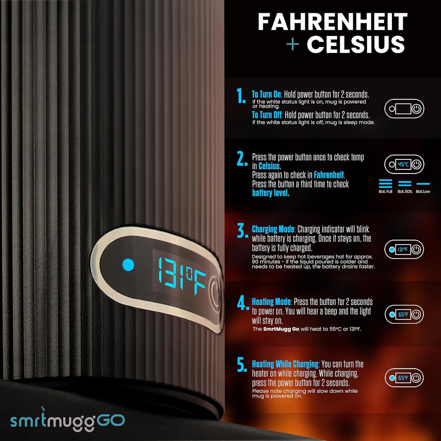 GO Heated Coffee Mug, Travel Mug, 13.5 OZ. Smart Mug, Battery Powered Heated Coffee Mug, Great for Coffee and Tea, Snap on Magnetic Charging Cord, New and Improved (Black)