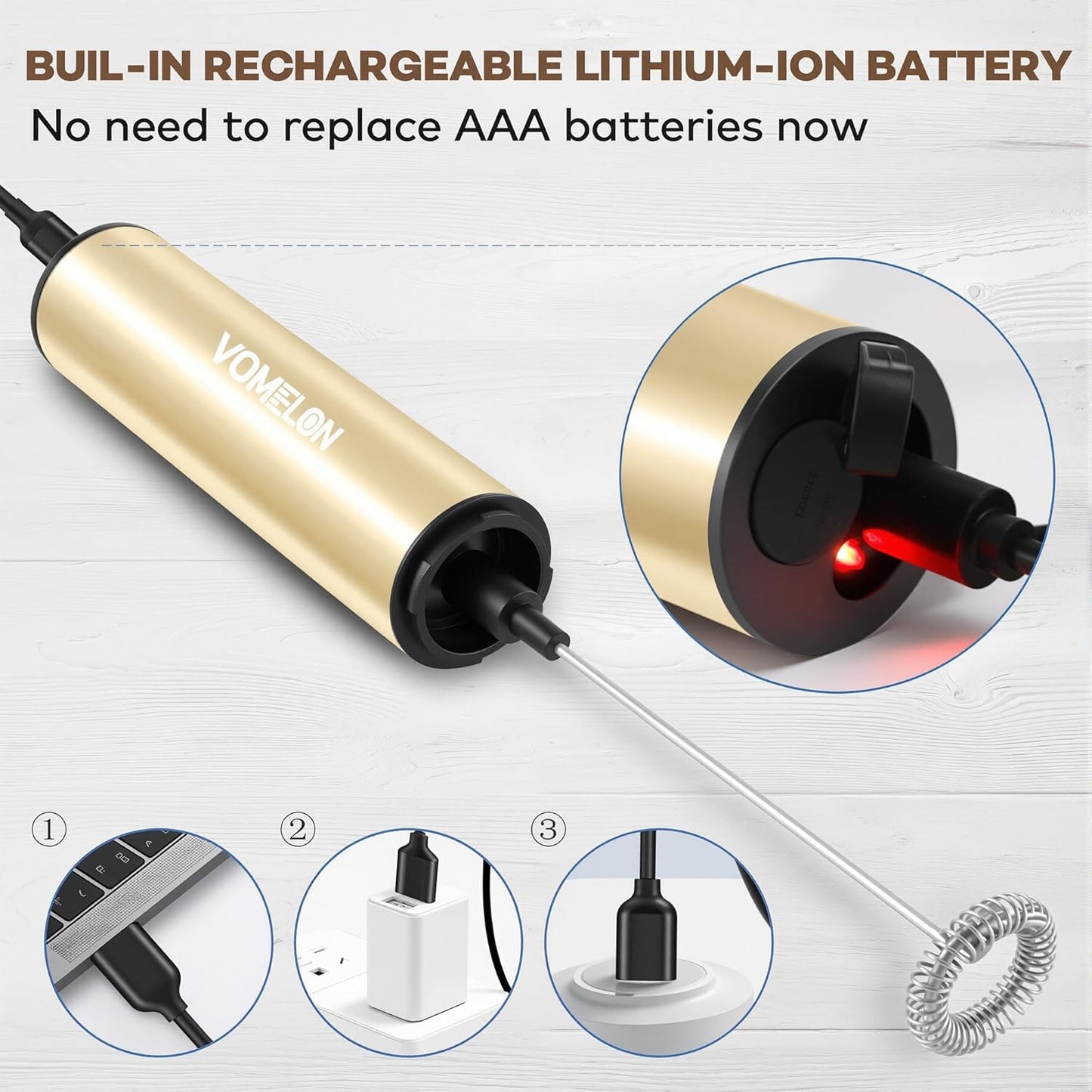 Rechargeable Milk Frother, Electric Coffee Foamer, Handheld Drink Mixer for Latte, Cappuccino, Coffee, Eggs, Hot Chocolate, Protein,Beige