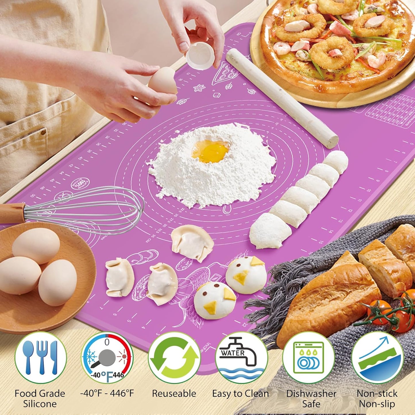 Silicone Baking Mat 32" x 24" Extra Thickness Dough Rolling Mat with Measurements and Edge Heightening, Non-stick Food Grade Silicone Pastry Mat for Pastry, Bread, Cookies, Pizza, Fondant, Pasta