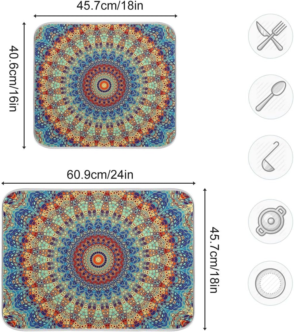 Bohemian Mandala Dish Drying Mat for Kitchen Counter Boho Ethnic Drying Mat 16 x 18 Inch with High Absorbent Reversible Microfiber Dish Drying Pad Dish Rack Pad Drainer Mat for Coffee Bar