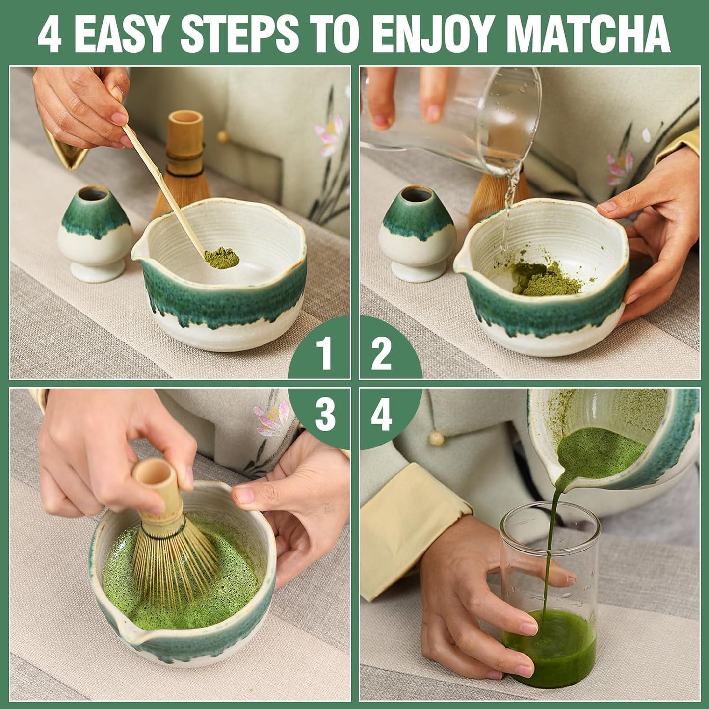 Pottery Matcha Set - Japanese Handcrafted Matcha Tea Bowl Mineral Glaze Bowl with Spout, Bamboo Whisk, Scoop & Chasen Holder | 4pc Tea Ceremony Kit for Matcha Lovers (Snowy Jade)