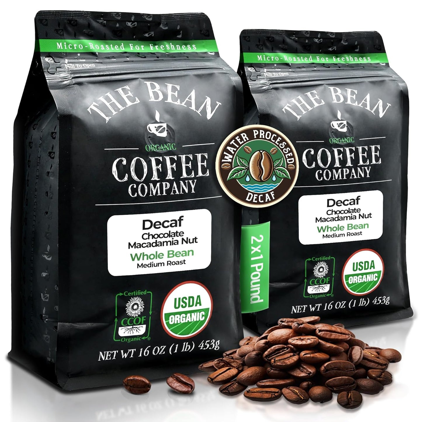The Bean Organic Coffee Company Water Processed DECAF Chocolate Macadamia Nut, Medium Roast, Whole Bean Coffee, 16-Ounce Bags (Pack of 2)