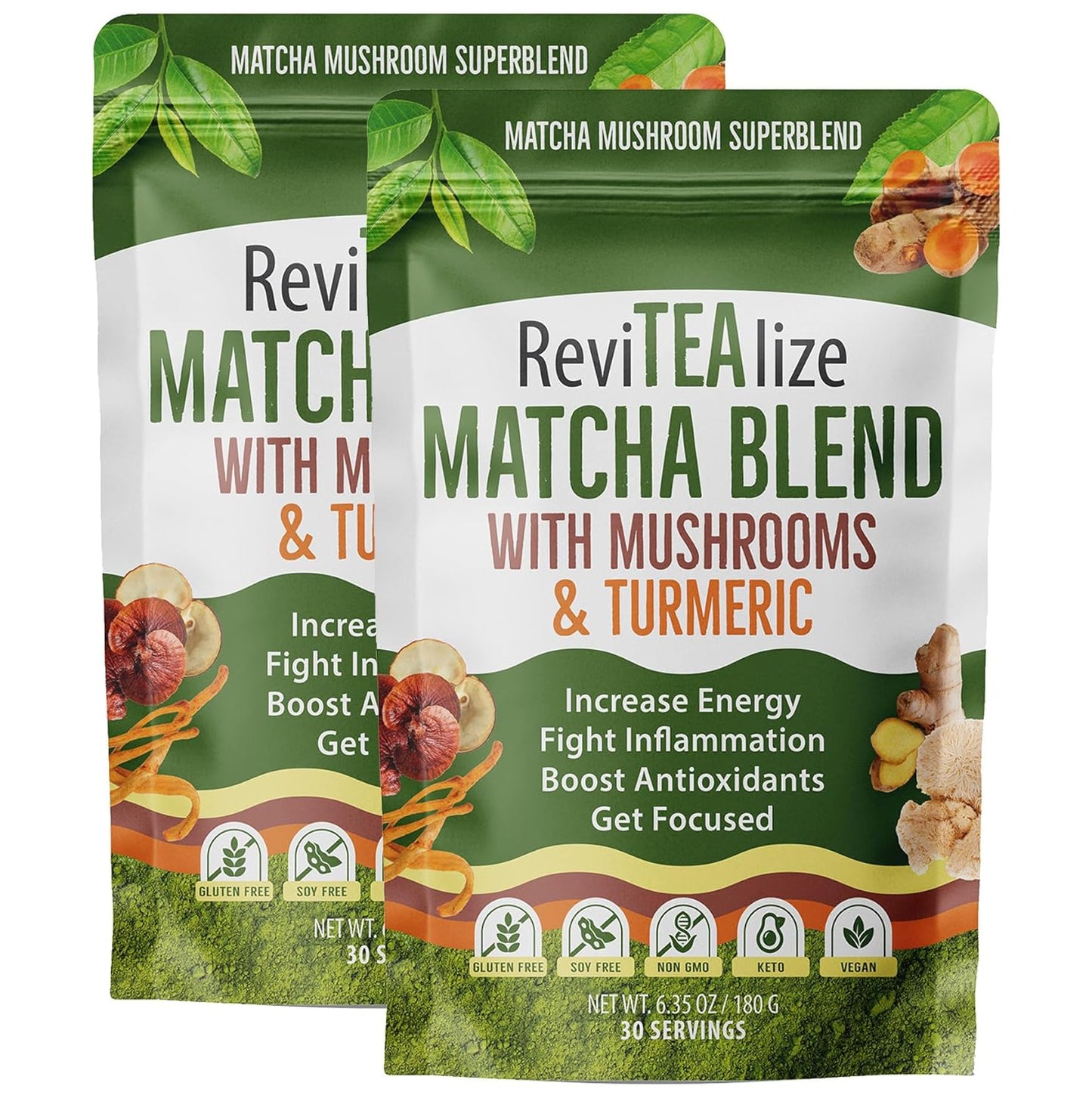 ReviTEAlize Organic Matcha Mushroom Powder - Organic Ceremonial Grade - Coffee Alternative - Latte (60 Servings)