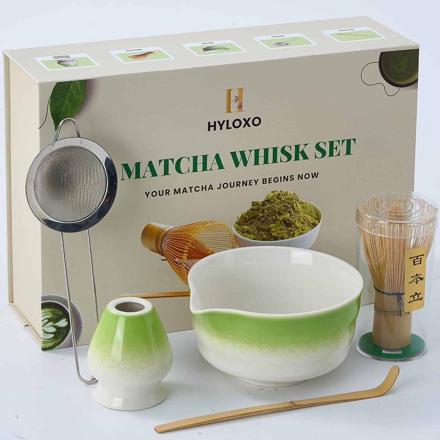Matcha Whisk Set - 5 Pcs Matcha Kit with Bowl, Japanese Matcha Set, Matcha Bowl with Spout, Matcha Whisk, Chasen Holder, Sifter and Bamboo Scoop, Tea Gift Ceremony Sets for Matcha Lovers