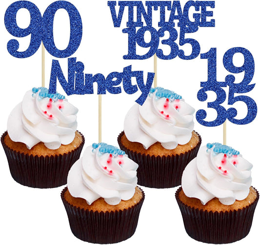 Gyufise 24Pcs Vintage 1935 Cupcake Toppers Glitter Cheers to 90 Fabulous Ninety Cupcake Picks 90th Birthday Wedding Anniversary Party Cake Decorations Supplies Deep Blue