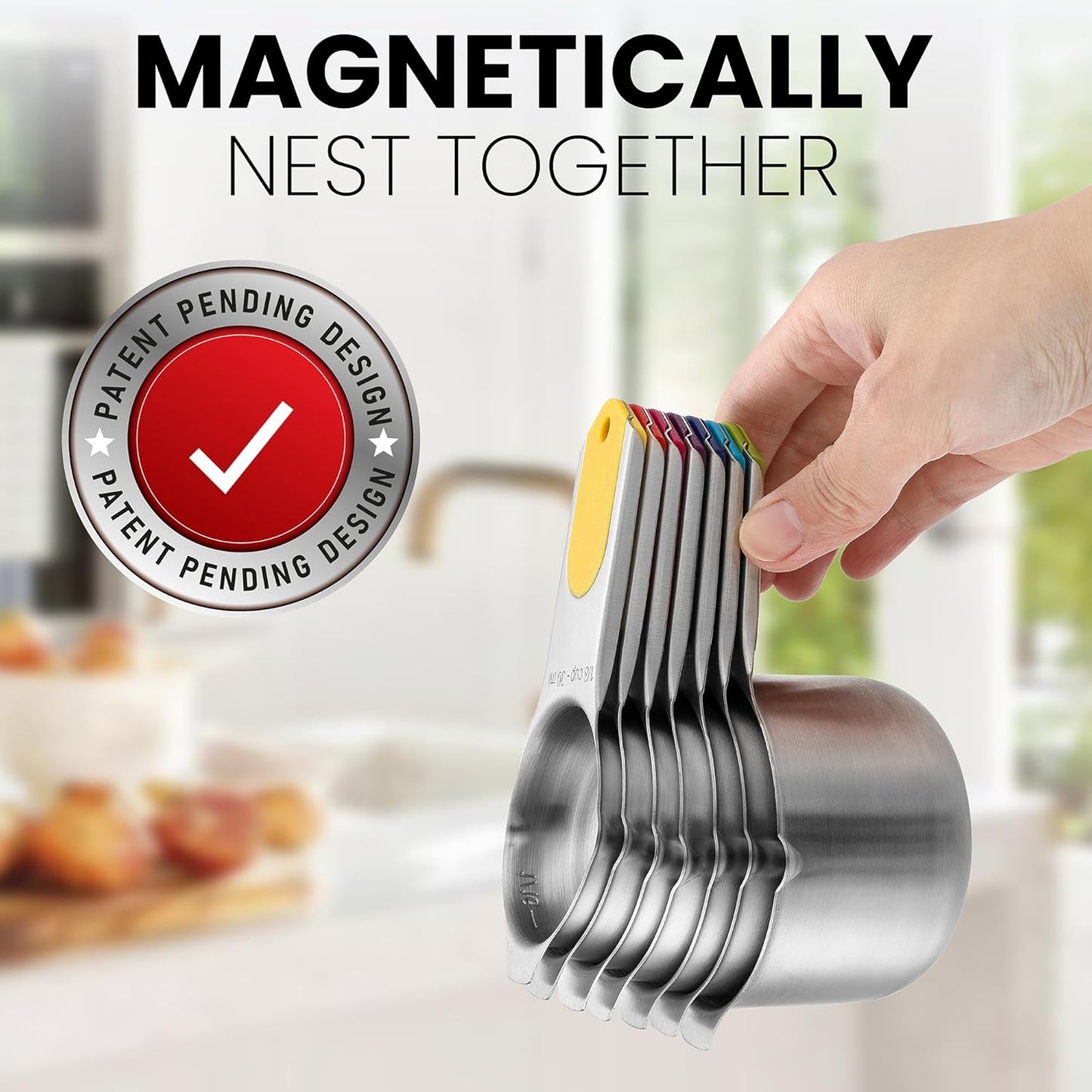 Spring Chef Magnetic Stainless Steel Measuring Cups (Patent Pending), Kitchen Tools with Easy to Read Markings for Measuring Dry or Liquid Ingredients, Set of 7, Multicolor