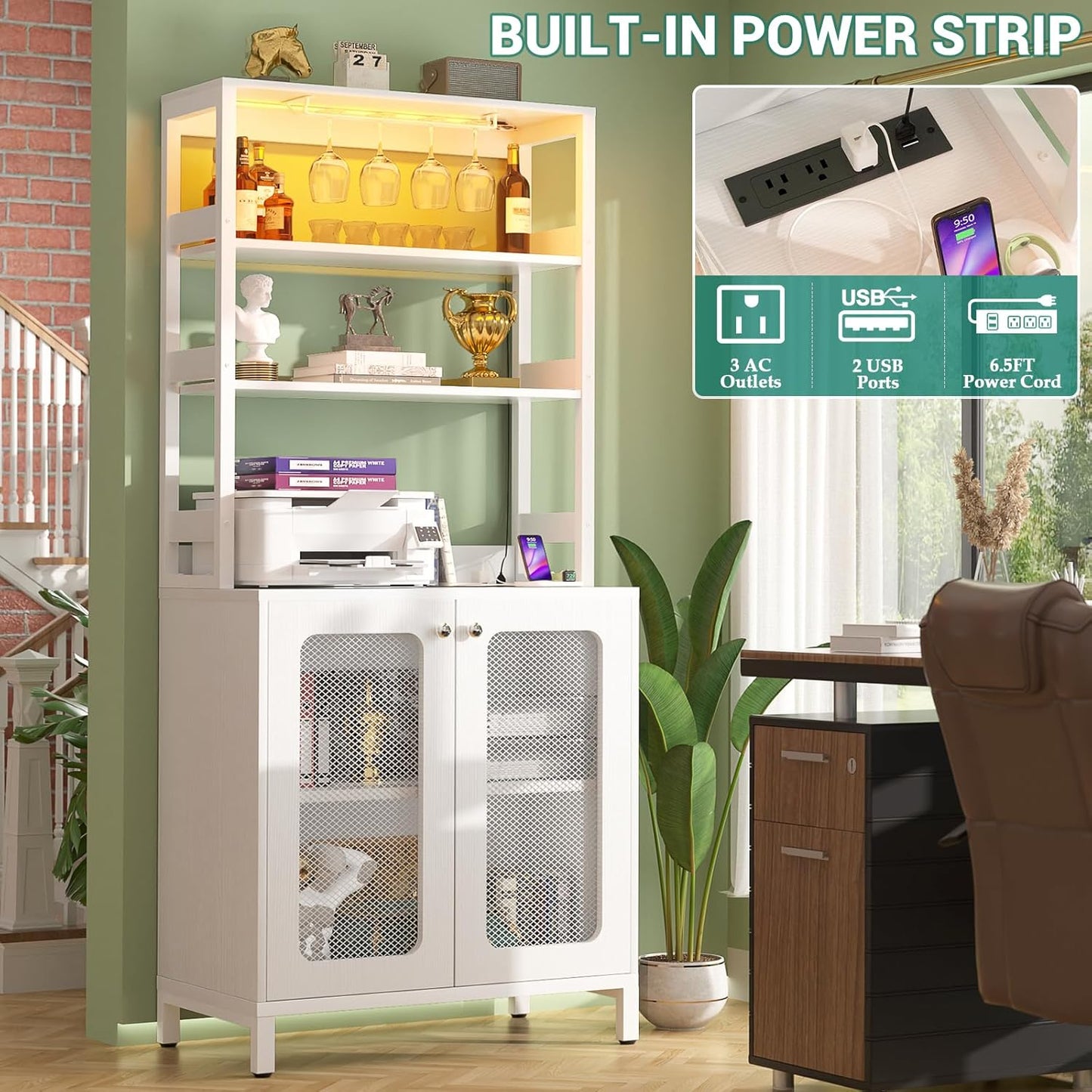 Aheaplus Bar Cabinet with Power Outlets, 67" Tall Wine Bar Cabinet Liquor Cabinet with LED Lights and Glass Holder, Coffee Bar Station for Living Room, Microwave Stand Bakers Rack Cabinet, White