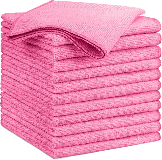GLIMGLINT Pink Microfiber Cleaning Cloth, 12 Pack Cleaning Towels for Kitchen, Lint Free, Scratch-Free, Highly Absorbent, and Reusable Cleaning Rags for House, Window and Glass, Cars, 14"X12"