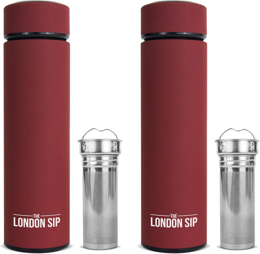 London Sip Multi-Purpose Travel Mug and Tumbler Fruit Infused Flask Hot and Cold Double Wall Stainless Steel Thermos with Extra-Long Infuser, Sacred Red, Pack of 2