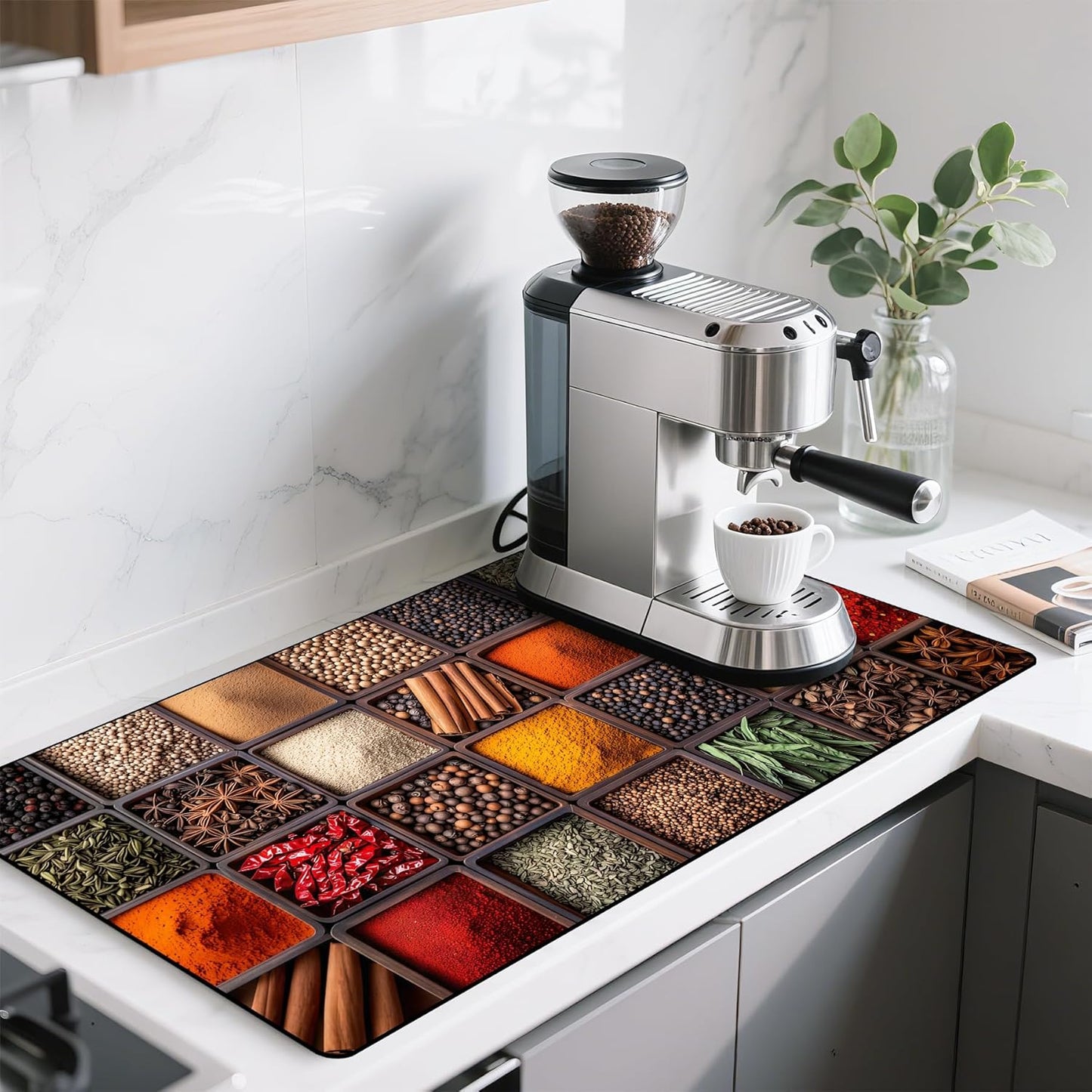 17"x 32" Coffee Bar Mat, Spices Absorbent Dish Drying Mat Cuttable Hide Stain Draining Table Pad for Kitchen Counter, Coffee Bar Accessories